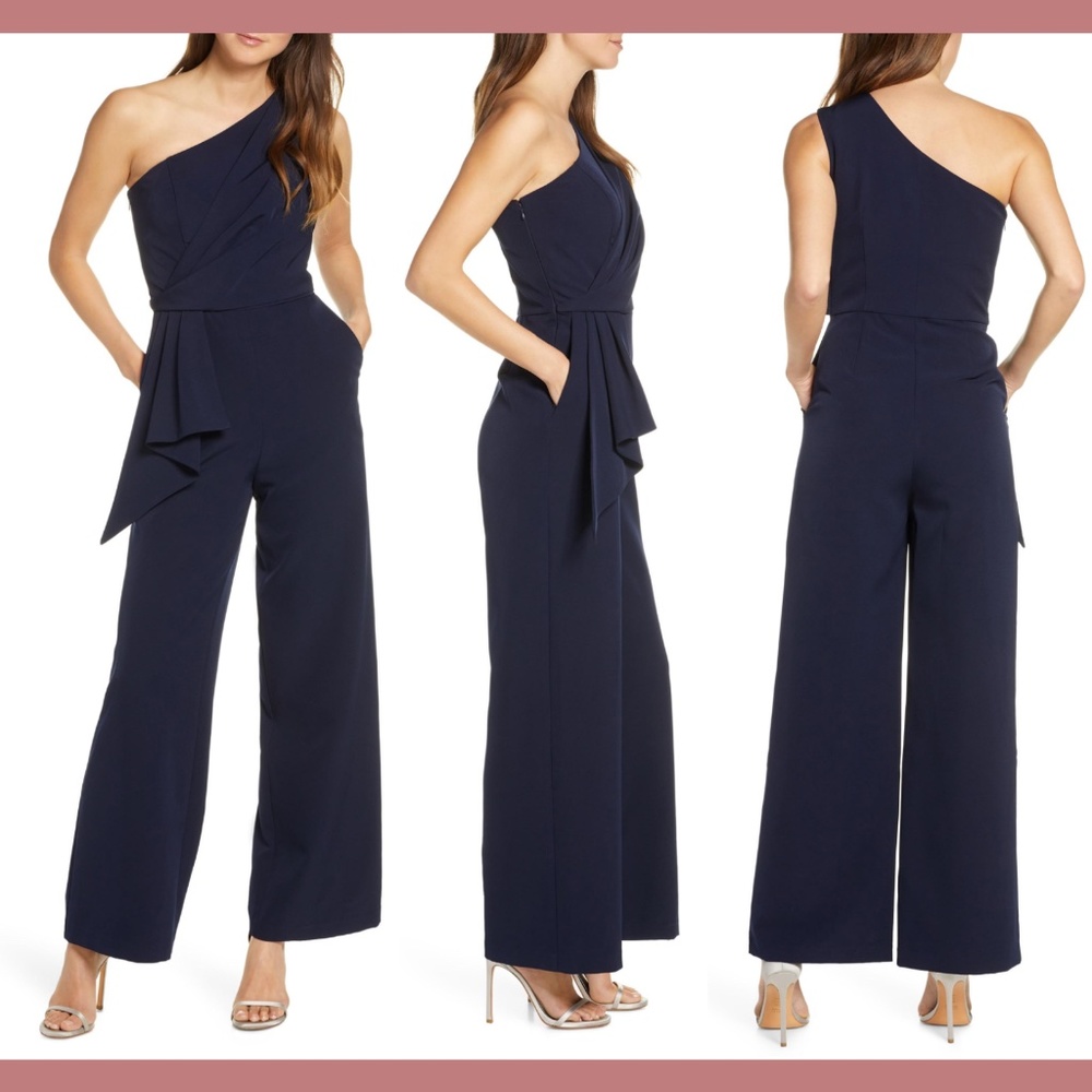 NEW $148 Eliza J One-Shoulder Laguna Crepe Jumpsuit in Navy Blue [SZ‎ 2 ]